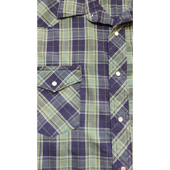 Wrangler Button Down Plaid Shirt Mens 3X Green Blue Short Sleeve Pearl Snap - Picture 3 of 6